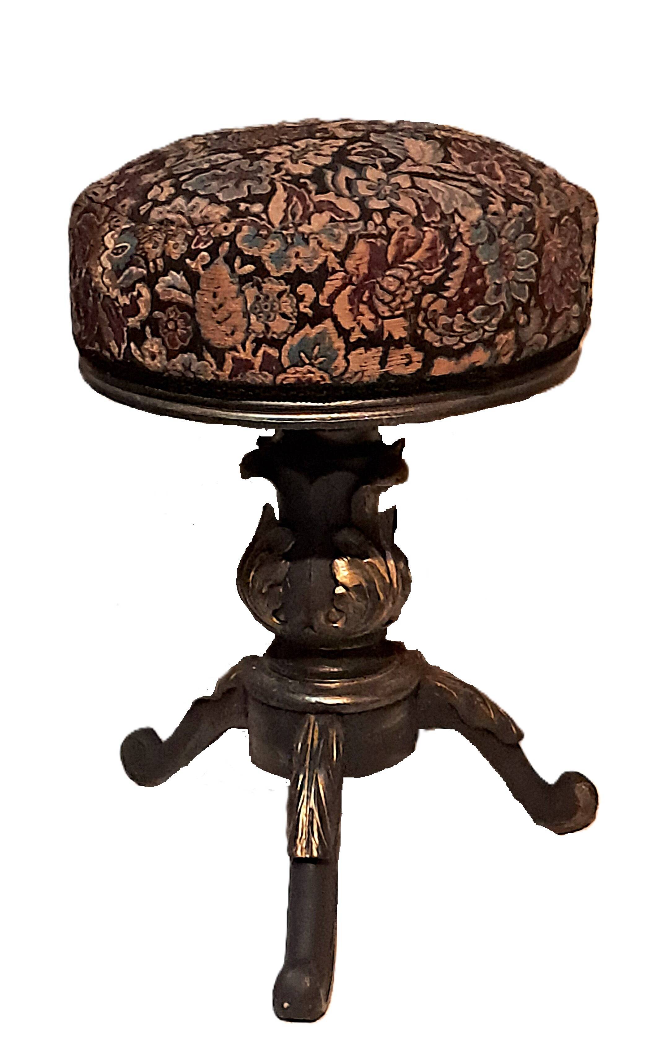 Victorian Piano Stool, Patinated Wood, Upholstered Fabric, 19th Century, France