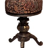 Victorian Piano Stool, Patinated Wood, Upholstered Fabric, 19th Century, France