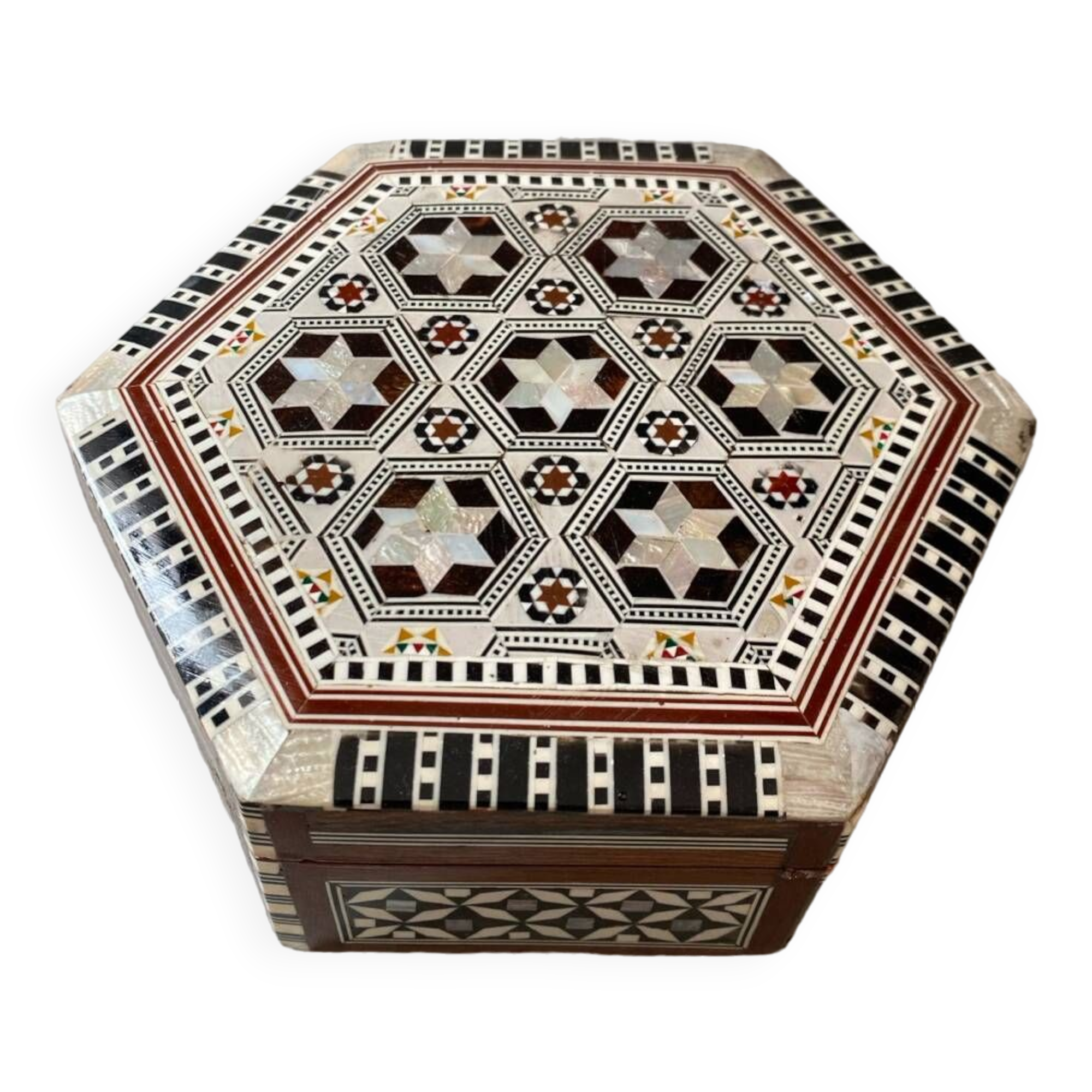 Vintage mother-of-pearl and wood jewelry box