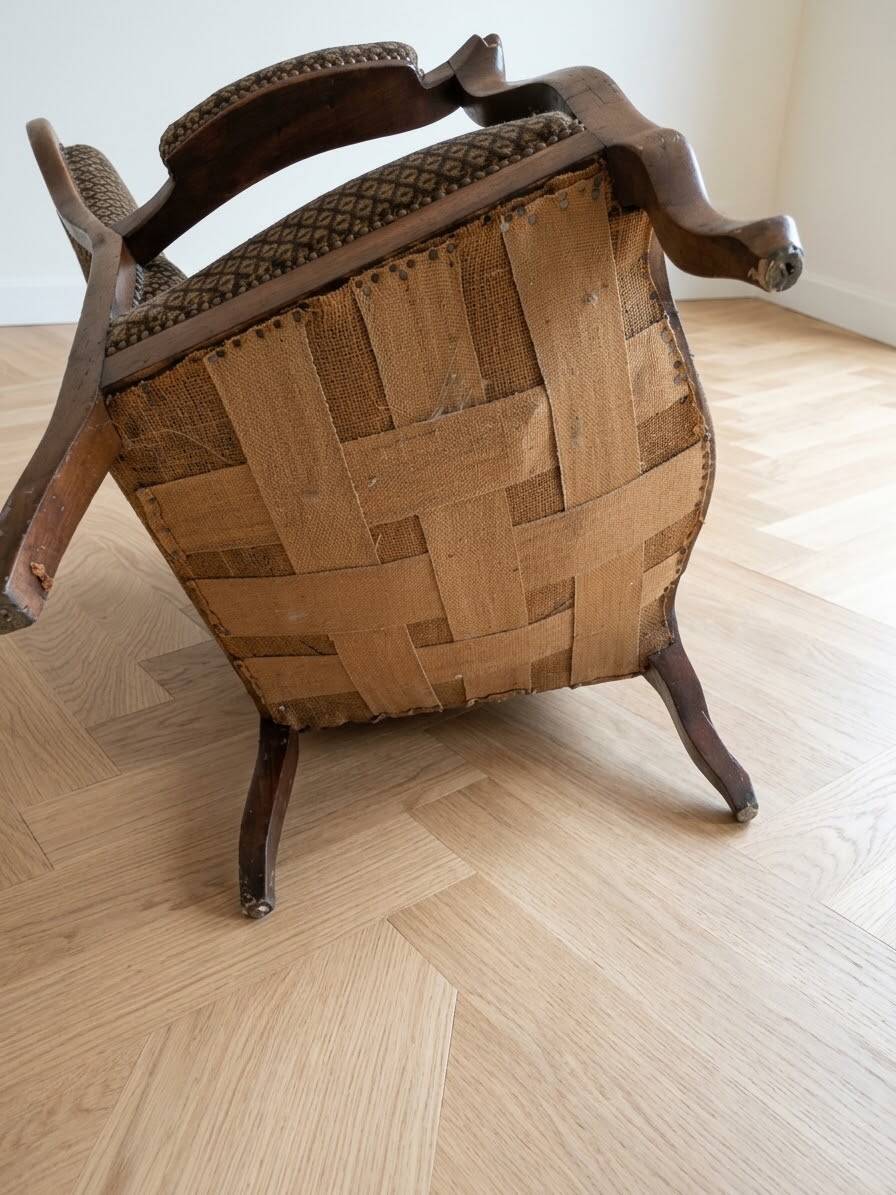 Classic Voltaire Armchair in Wood and Brown Fabric