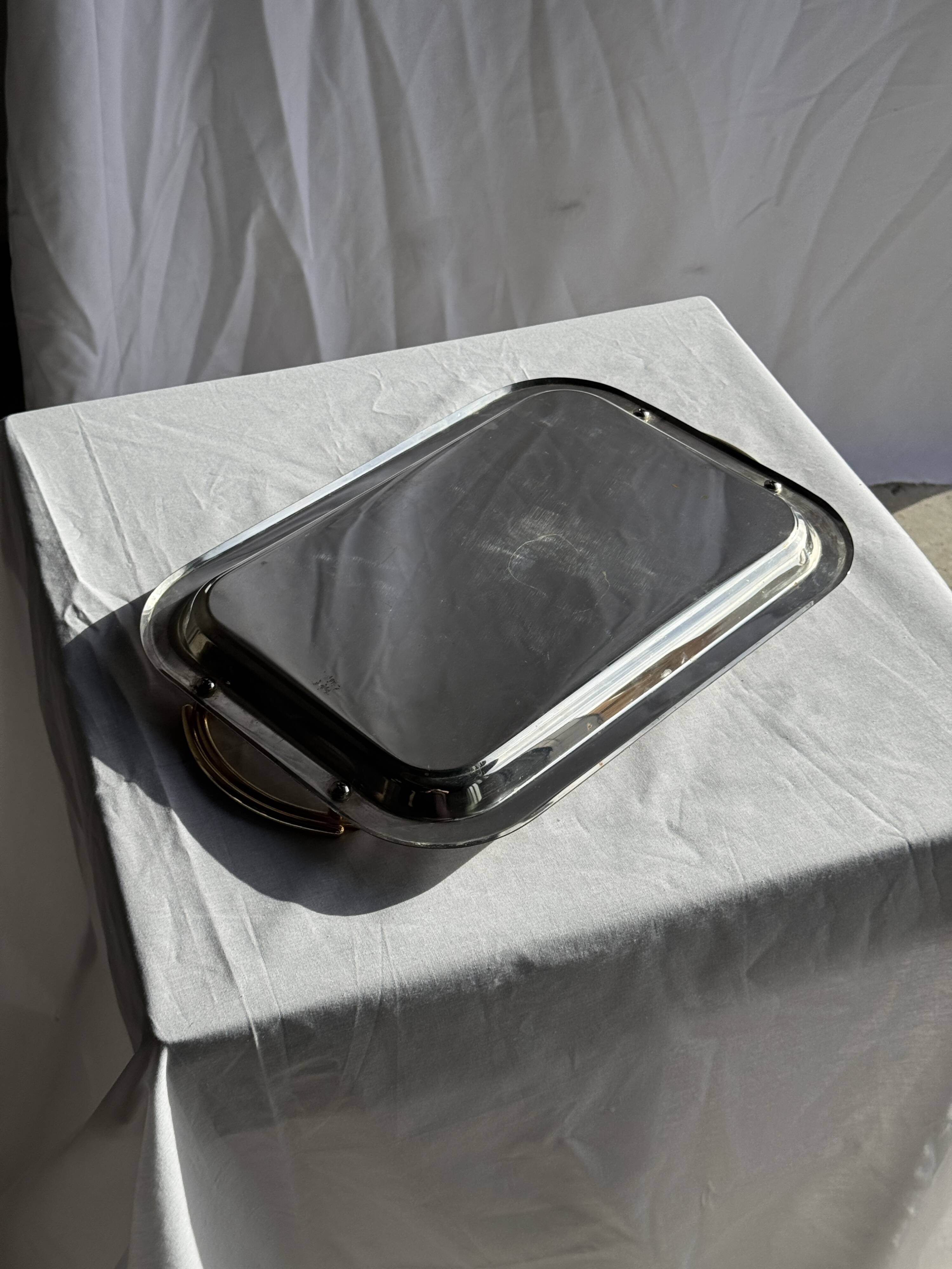 Silver-plated vintage tray with golden handles 29x45