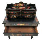 Bonheur du jour in black lacquered wood with rich painted decorations of flowers and birds, Napoleon III