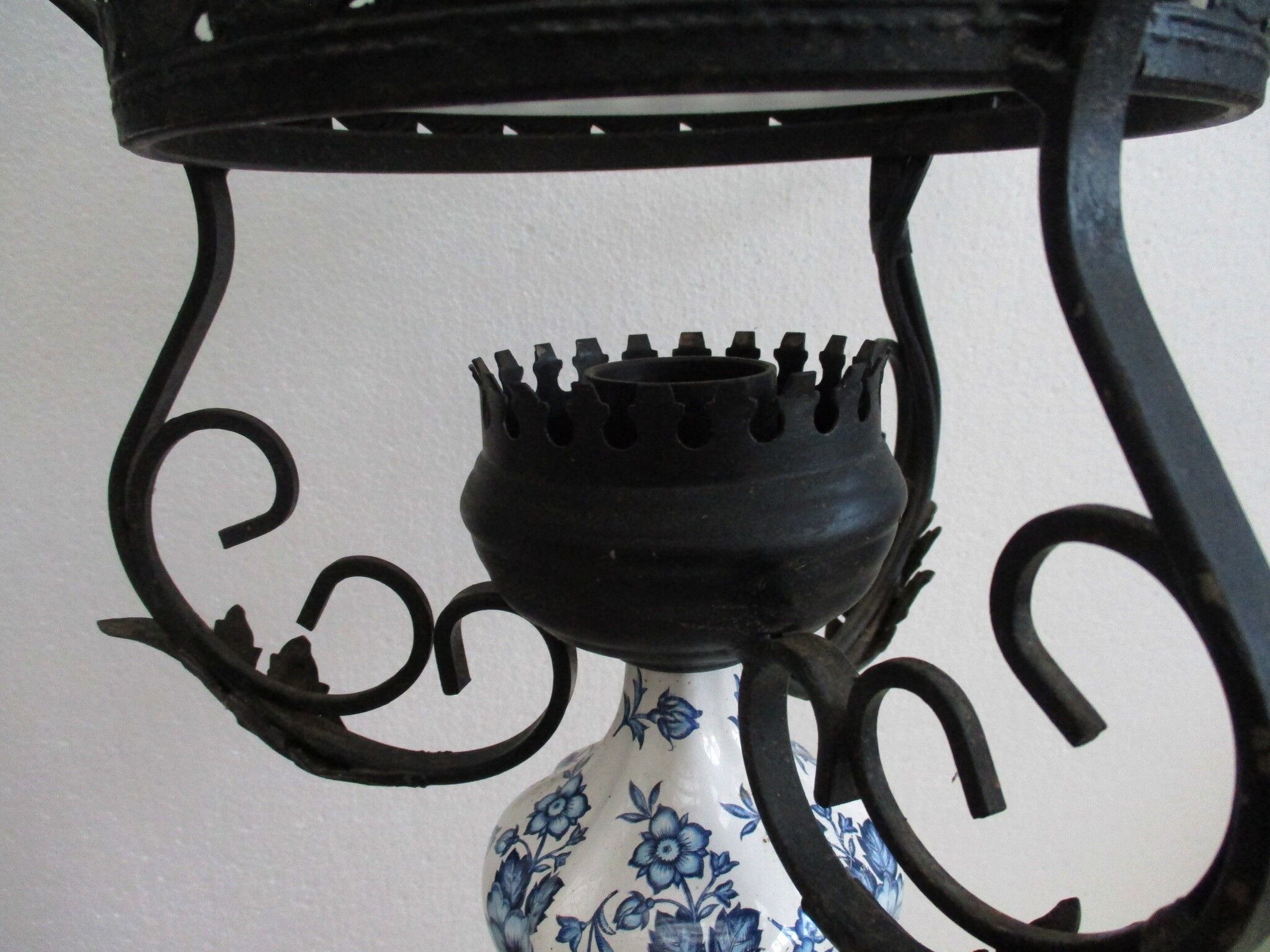 Vintage opaline and ceramic wrought iron chandelier