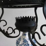 Vintage opaline and ceramic wrought iron chandelier