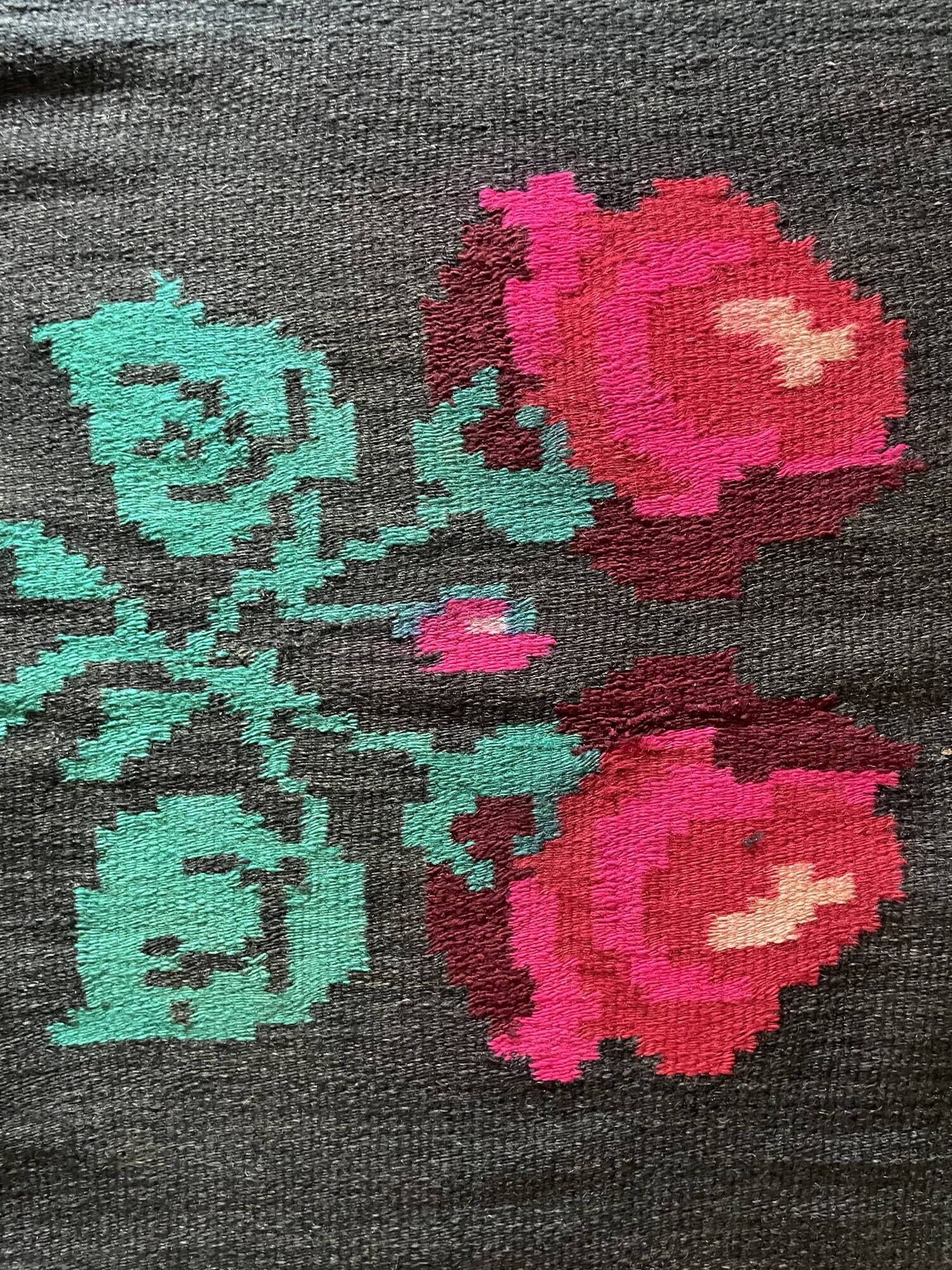 Very Old Romanian floral handwoven carpet made in wool, bohemian design