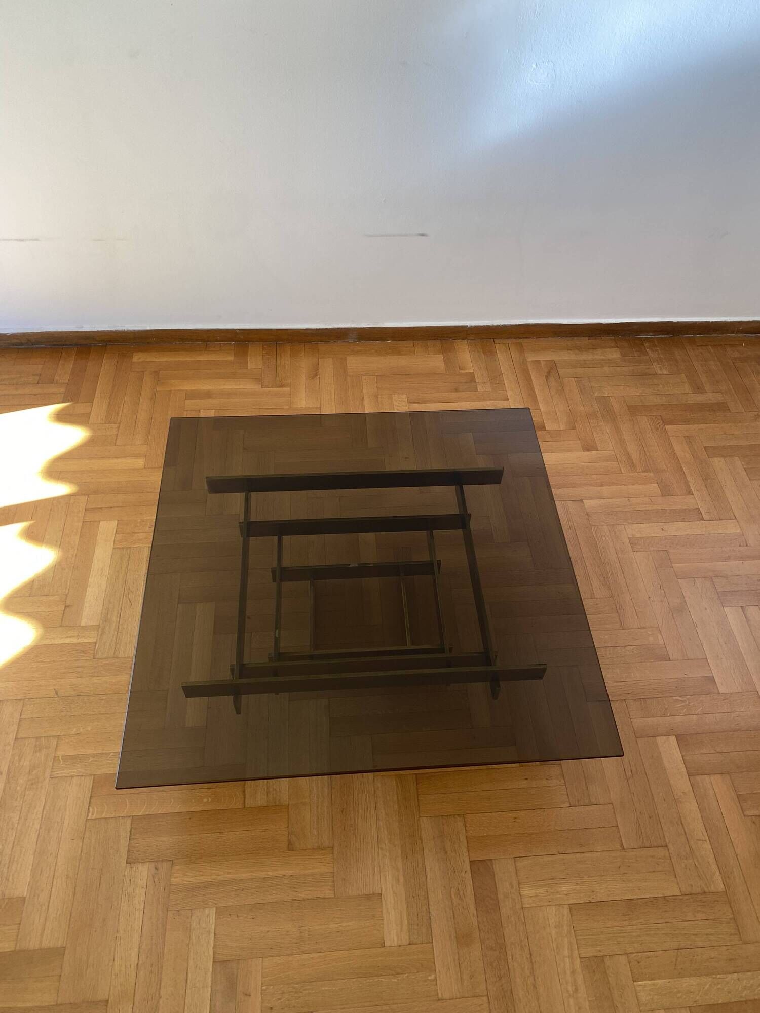 Vintage 1970s Square Coffee Table in Brass and Smoked Glass, David Hicks