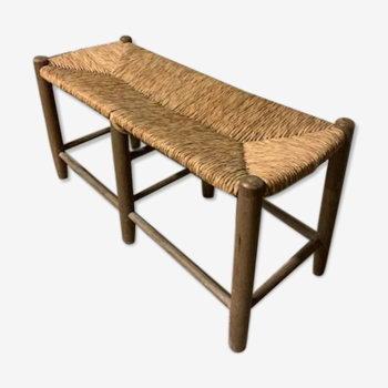 Vintage wooden and woven straw bench 1950