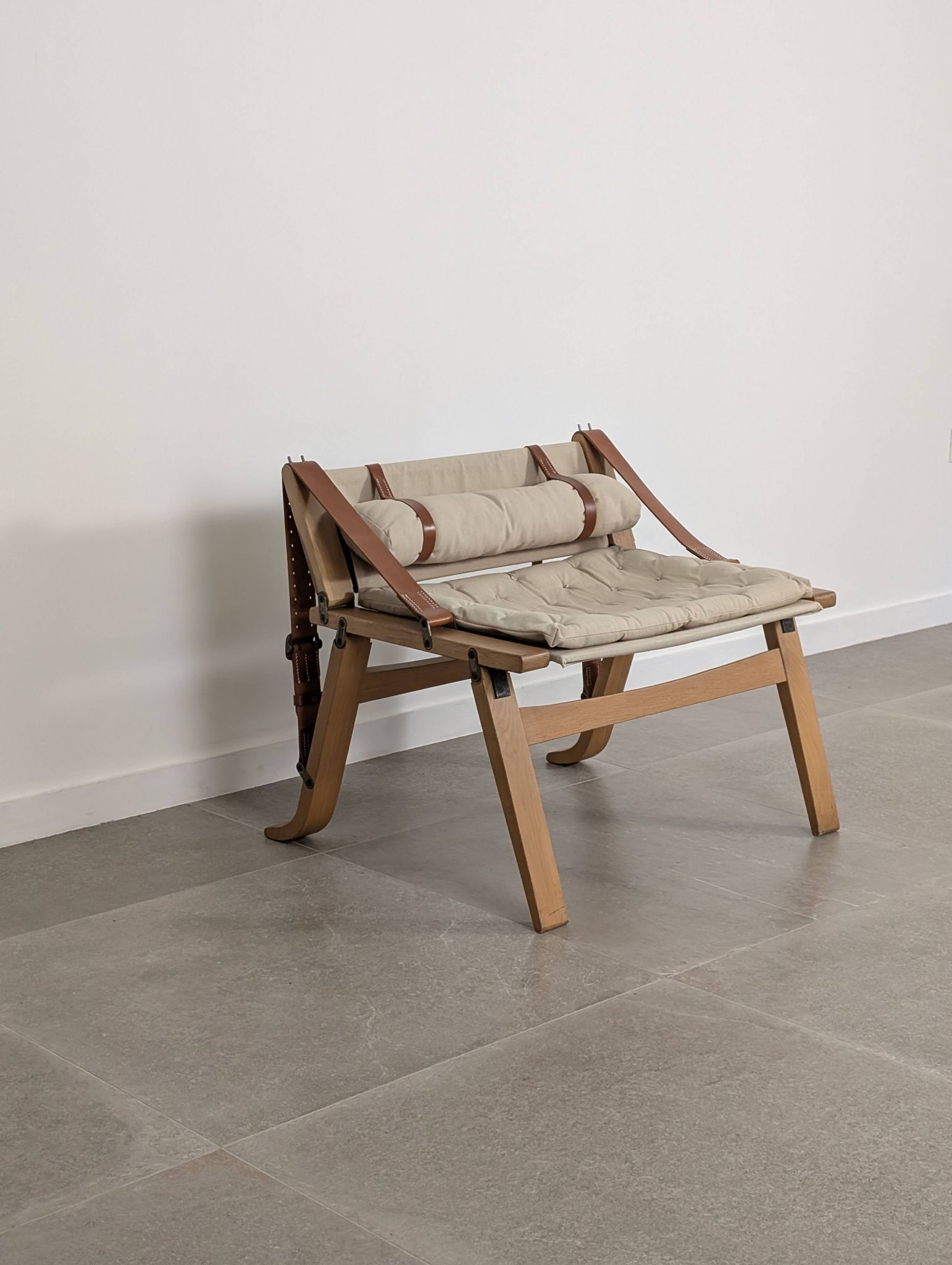 Danish Armchair with Canvas and Leather Straps, 20th Century