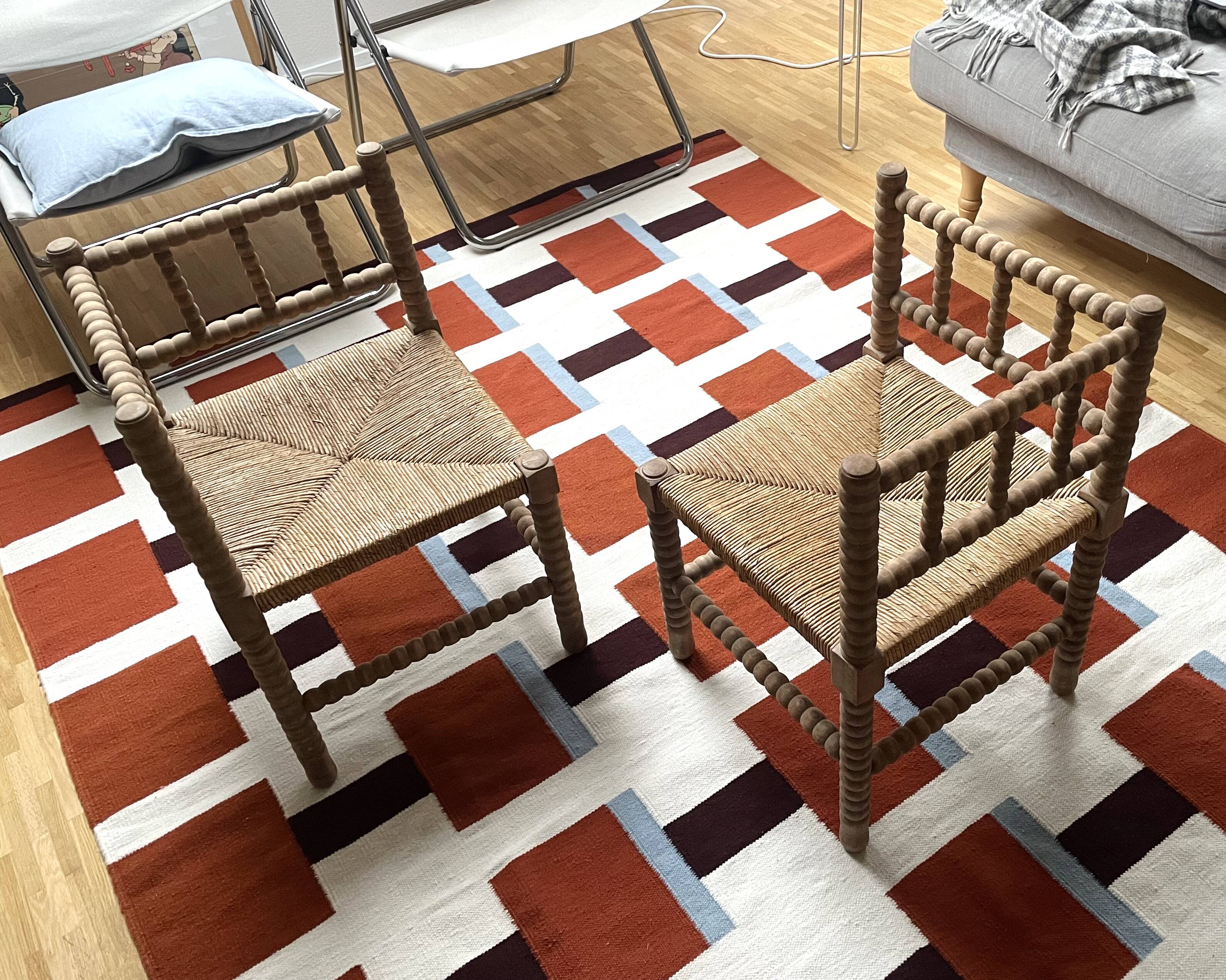 1950s turned wood corner chairs