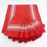 11 red cotton napkins - embroidered Basque style
