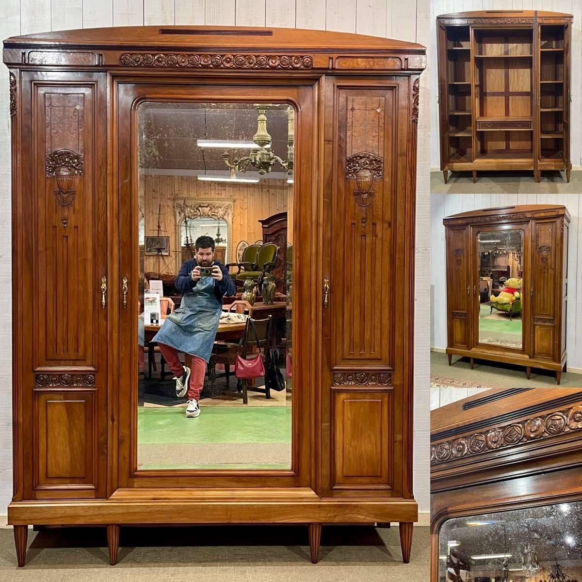 Art Deco period bedroom wardrobe with mirror in walnut and elm burl