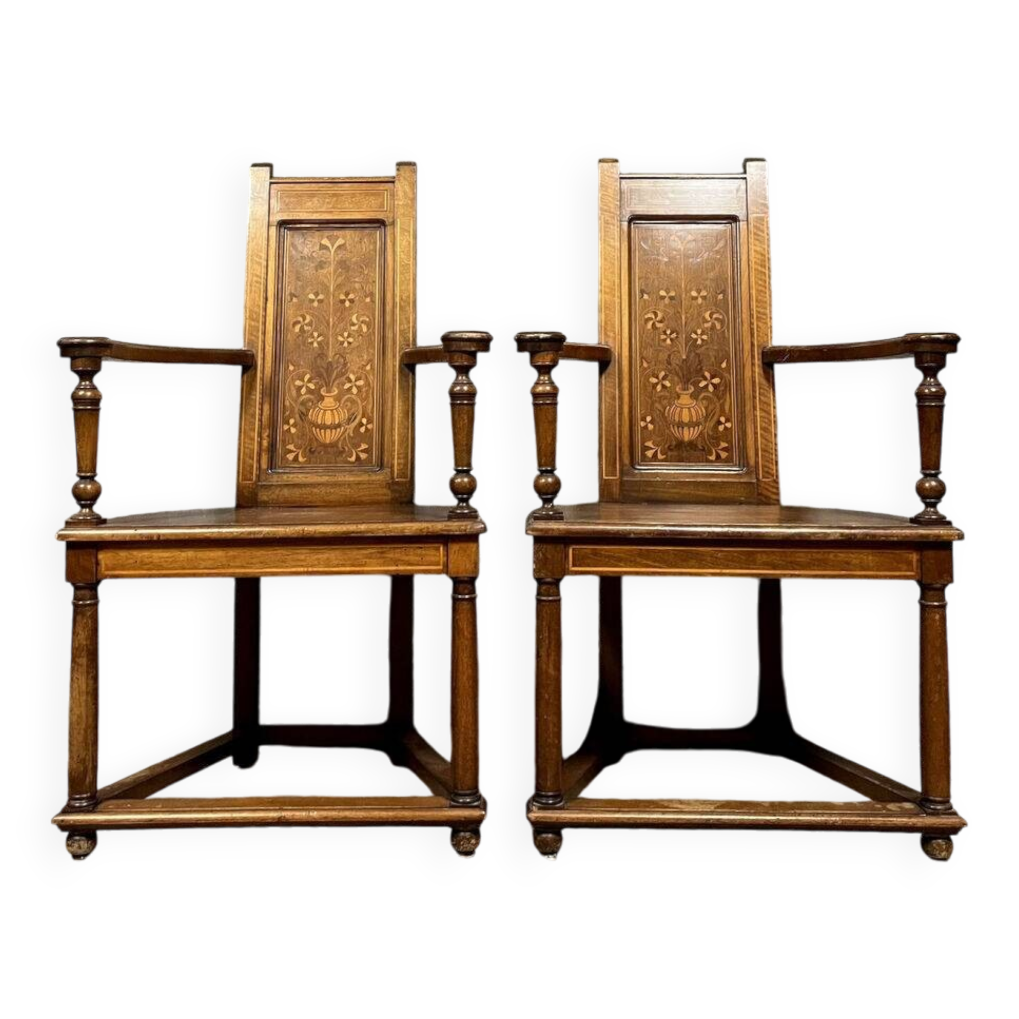 Pair of Renaissance armchairs called "Caquetoires" in walnut and marquetry, circa 1850