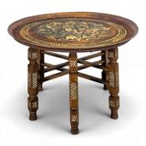Moroccan table with painted sheet metal top and mother-of-pearl inlay