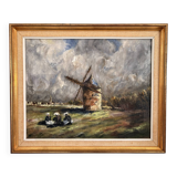 Oil Painting Table Wood Mill Woman Bigouden Impressionism Courvois