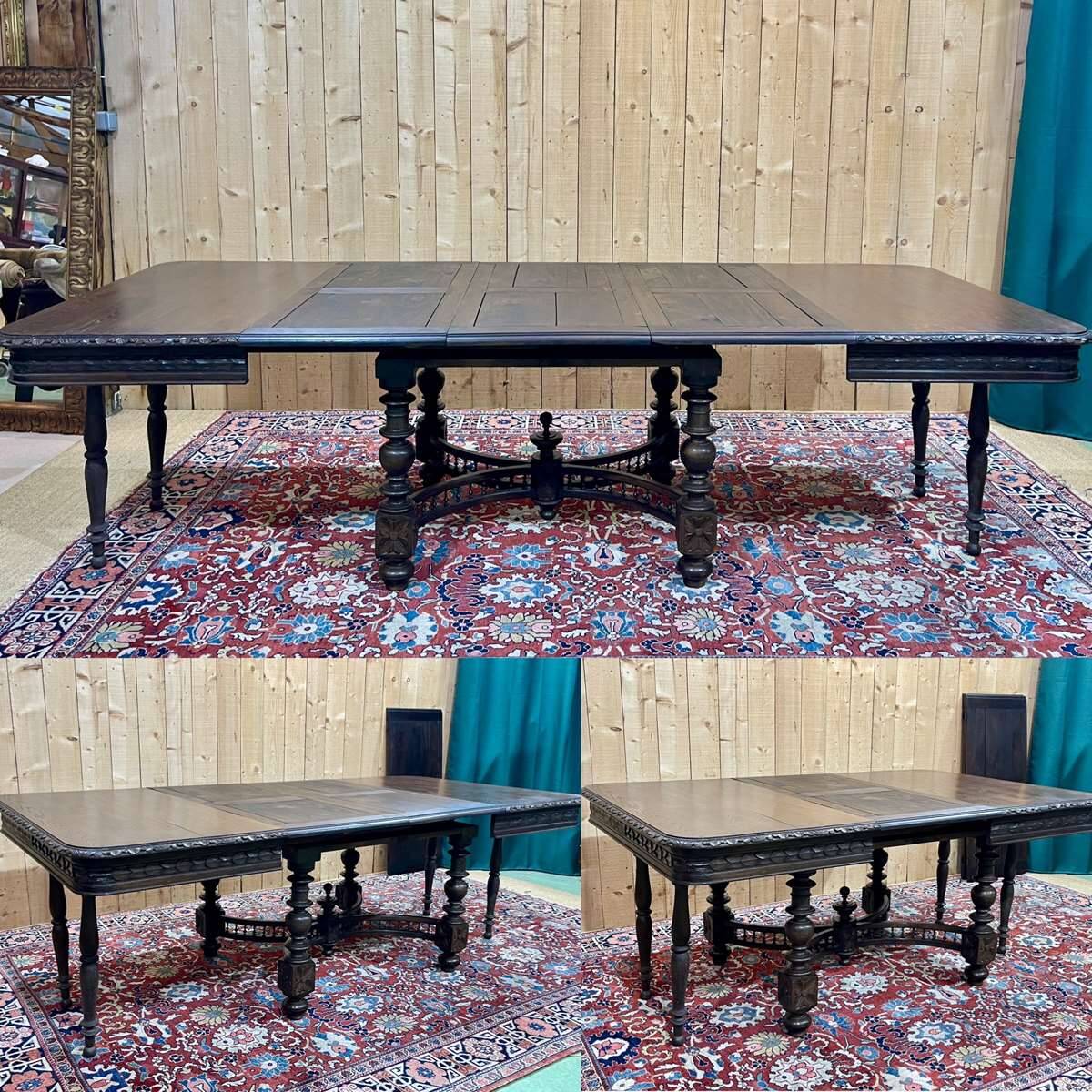 Oak dining table with beech base and 3 extensions