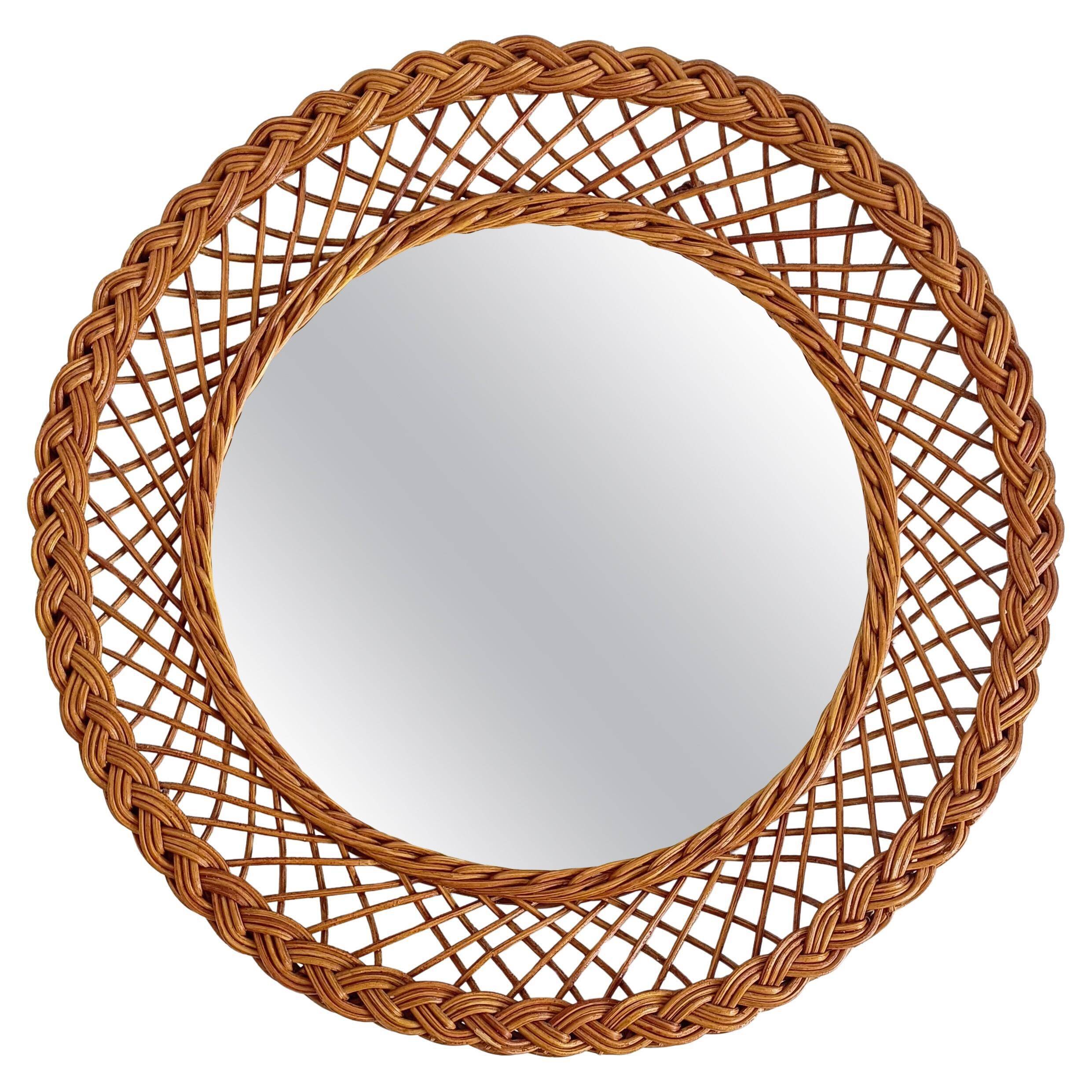 Rustic French Provence Wicker Round Mirror, Organic Modern, Handmade, France