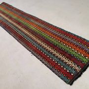 Old Turkish kilim runner 377x77 cm, shabby, vintage kelim red black 2492