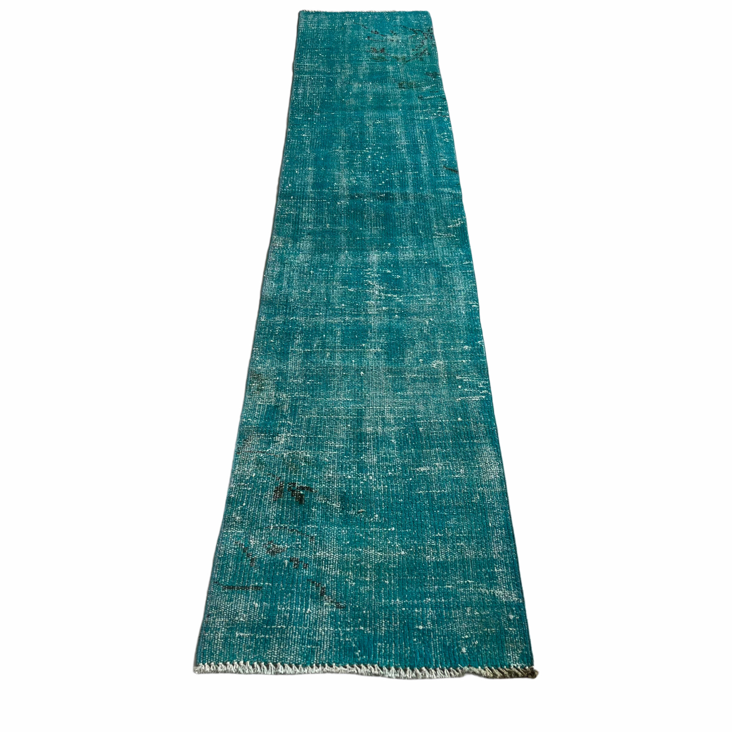 Distressed Turkish Narrow Runner 304 x 76 cm Wool Vintage rug, Overdyed Turquoise