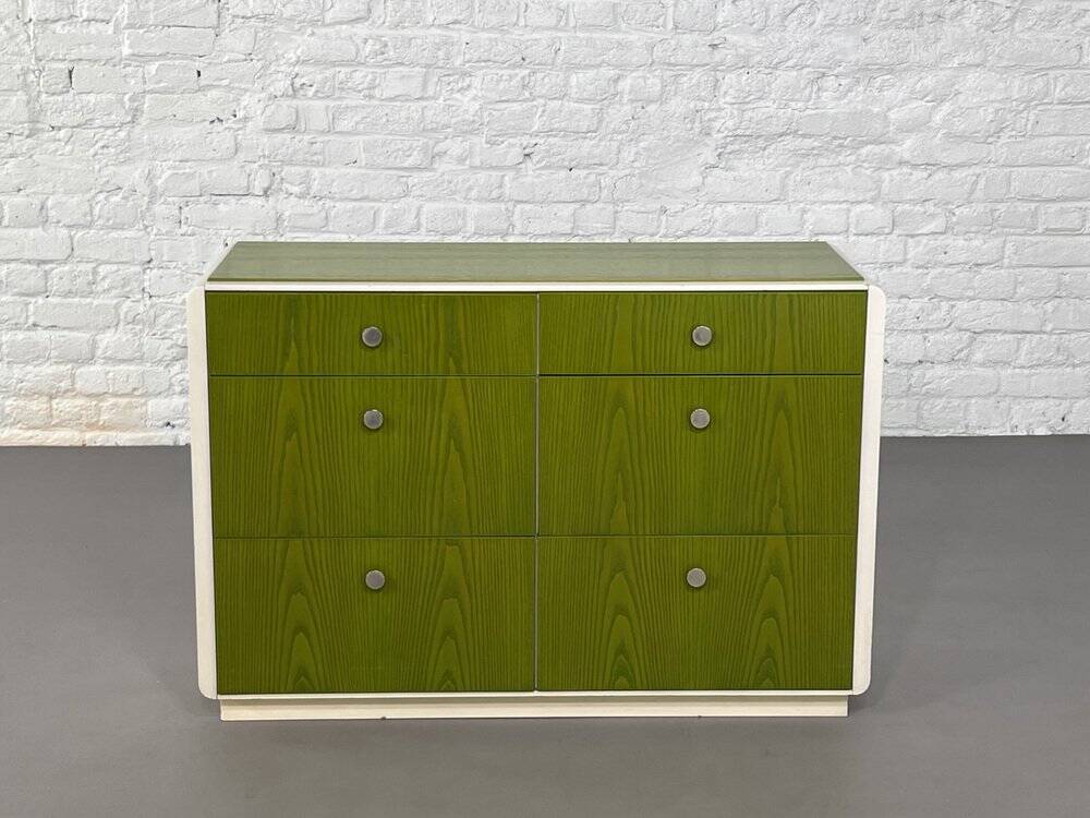 Vintage 6-drawer chest in beige wood and green varnish, Norway, 1960s