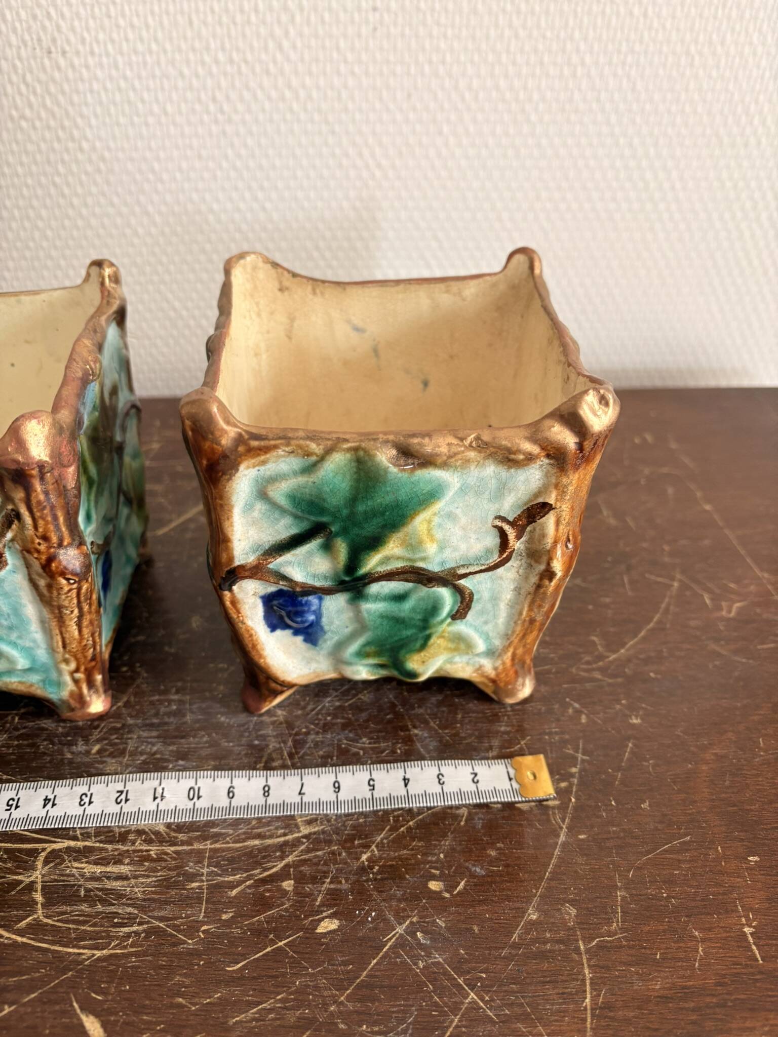 Antique Pair of Planters Cache Pot Barbotine with Ivy 19th Century Majolica