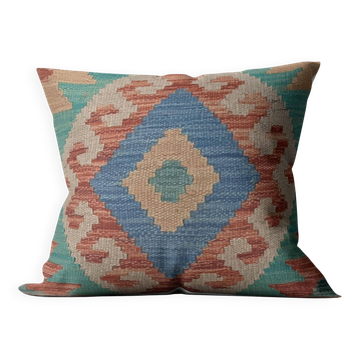 Geometric turquoise cushion cover, vintage kilim wool cushion for interior decoration