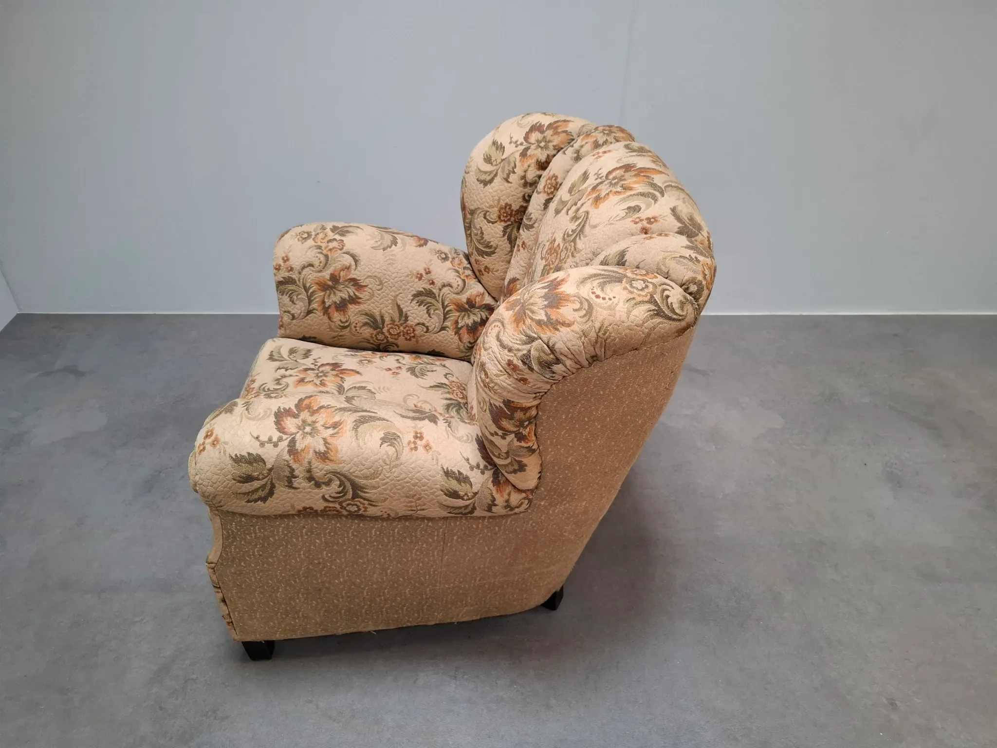 1930s Czech Art Deco Floral Upholstered Wingback Armchair