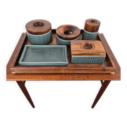 Smoking set in rosewood and glazed blue ceramic by Jens Quistgaard for Kronjyden Nissen, Denmark, 1960.