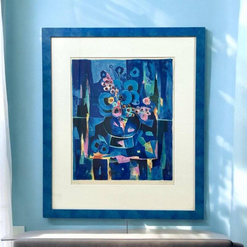 Tony Agostini, Bouquet with Blue Vase, Lithograph, Framed