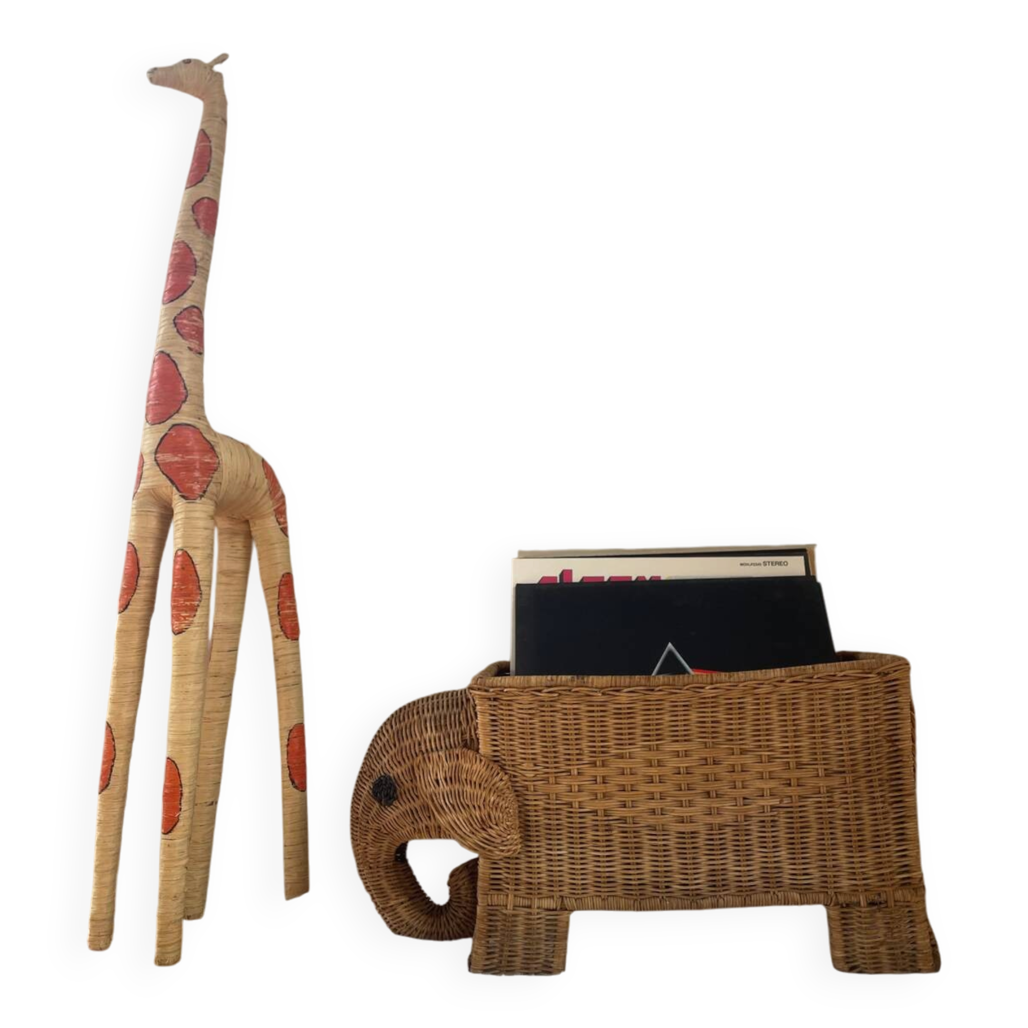 vintage rattan elephant magazine/vinyl holder