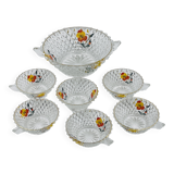 Vintage glass fruit salad serving set with a pansy design.