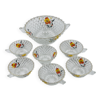 Vintage glass fruit salad serving set with a pansy design.