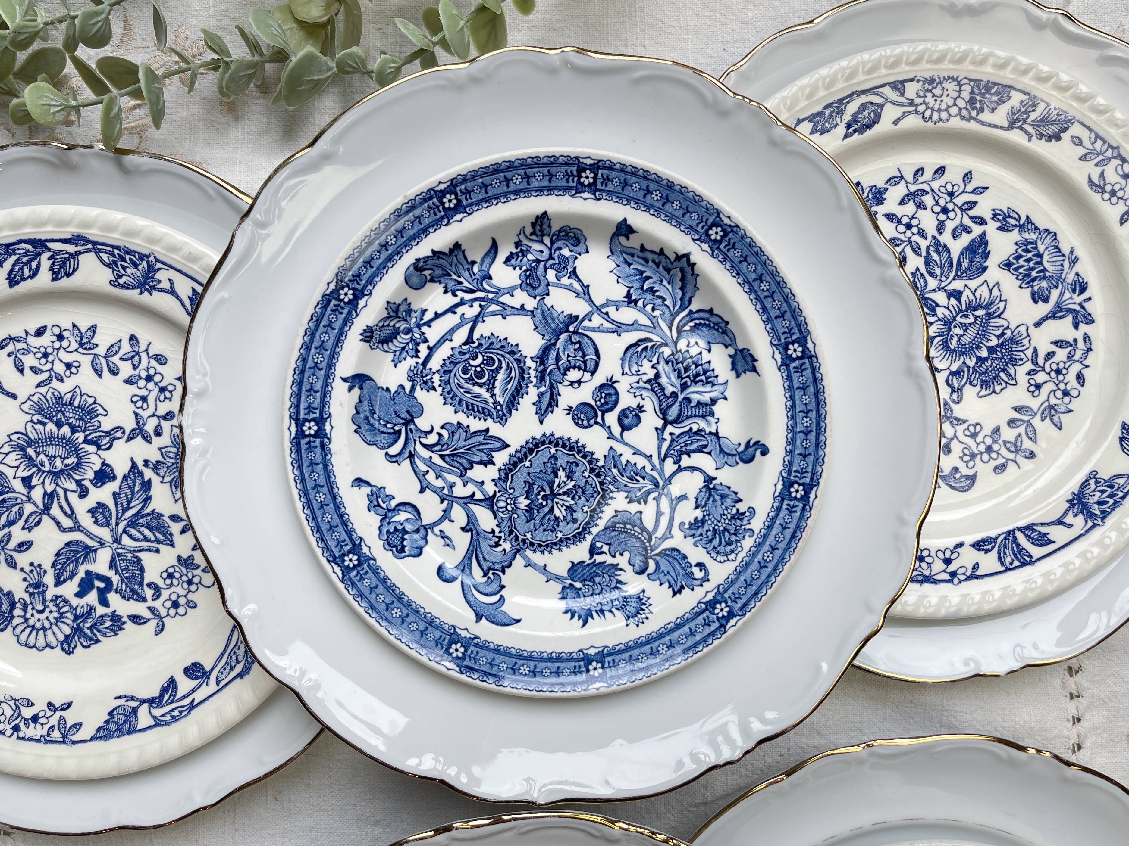 6 Vintage White Porcelain Plates with Gold Trim + 6 Small Mismatched Blue Jacobean Plates