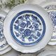 6 Vintage White Porcelain Plates with Gold Trim + 6 Small Mismatched Blue Jacobean Plates