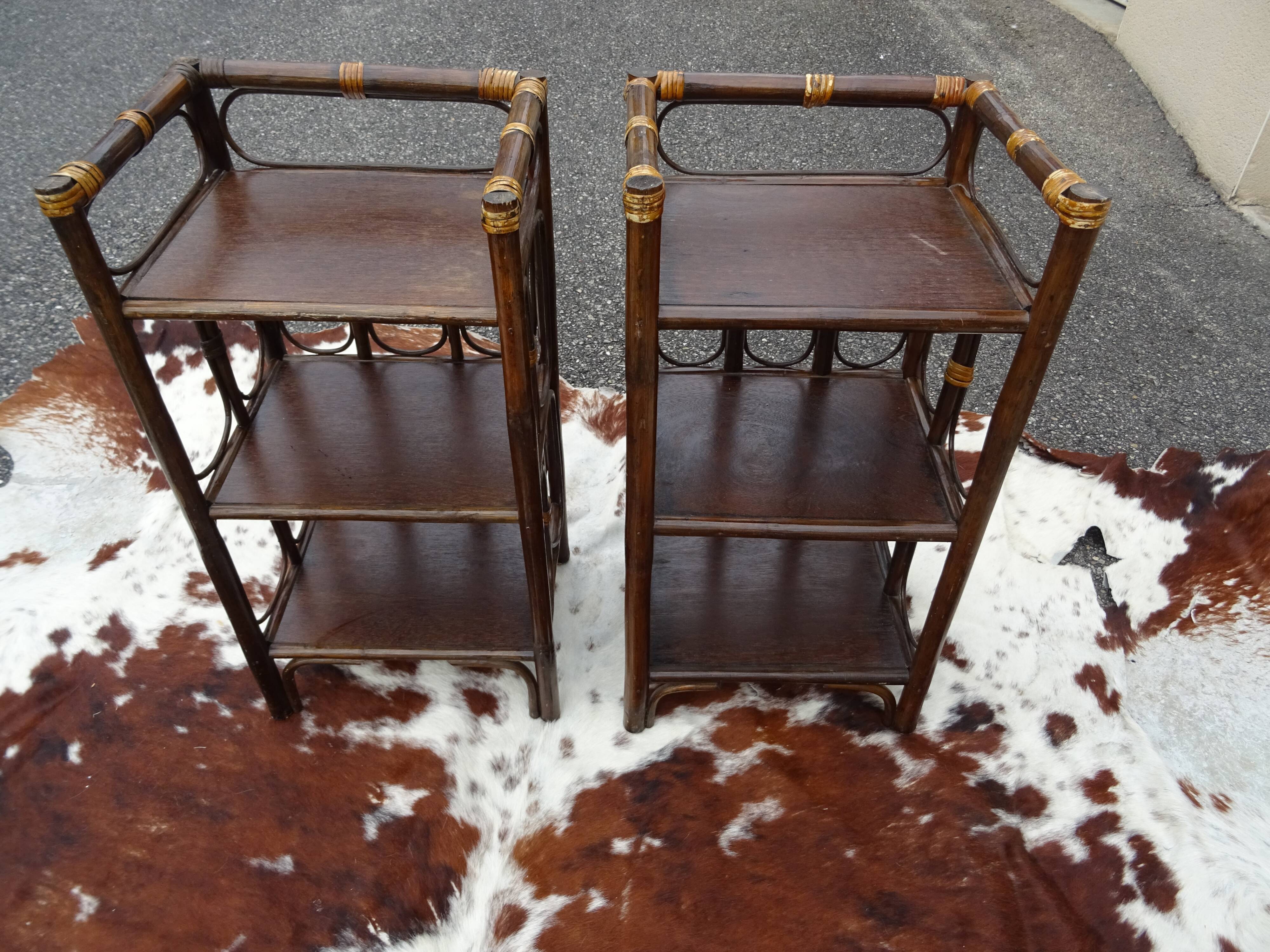 Pair of side tables bedside rattan and vintage bamboo