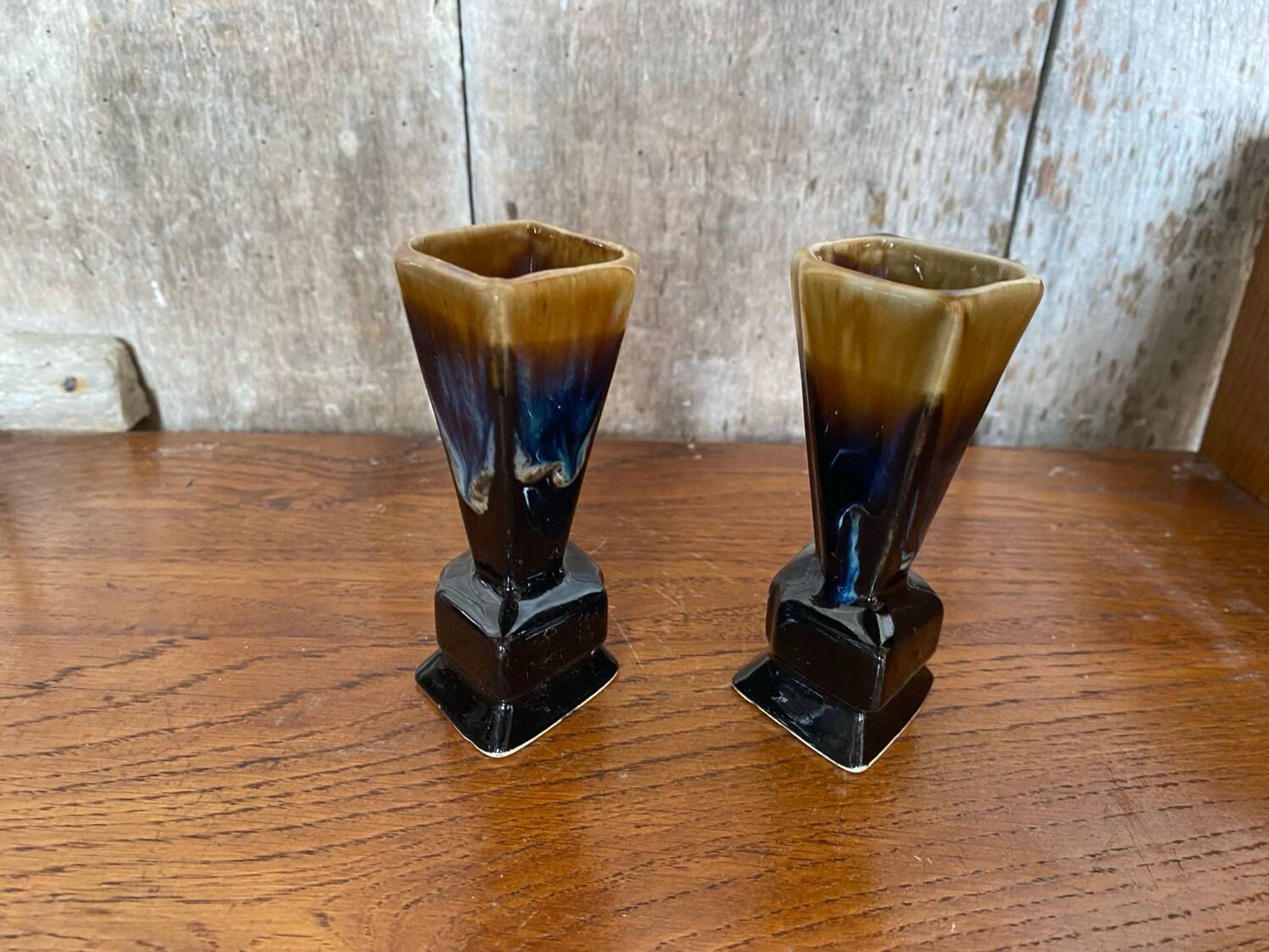 Pair of art deco flamed ceramic vases in black & beige vintage