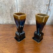Pair of art deco flamed ceramic vases in black & beige vintage