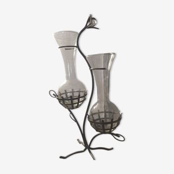 2 glass soliflore vases on support