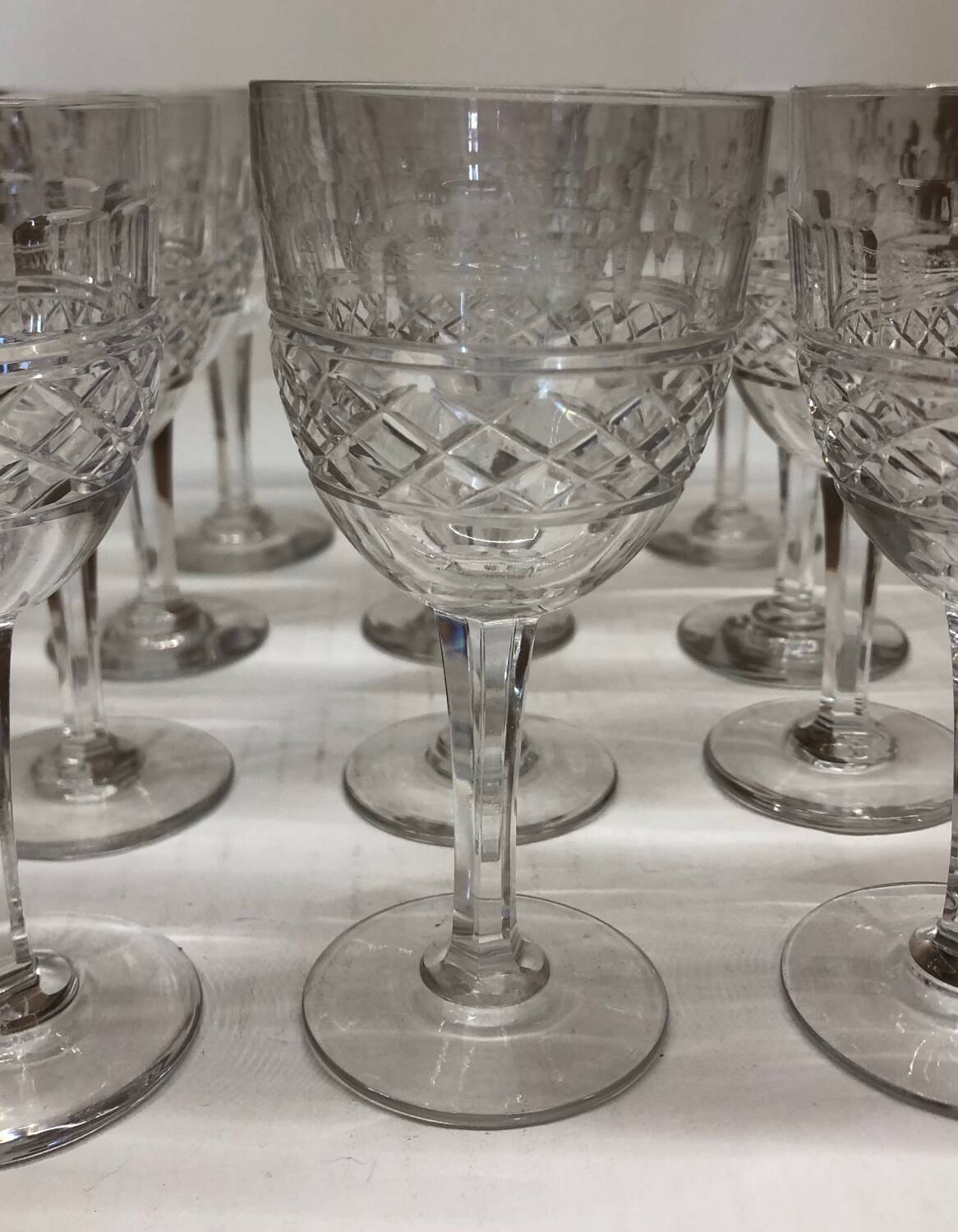 Set of 12 cut crystal stemmed glasses from the Nancy crystal factory, art deco