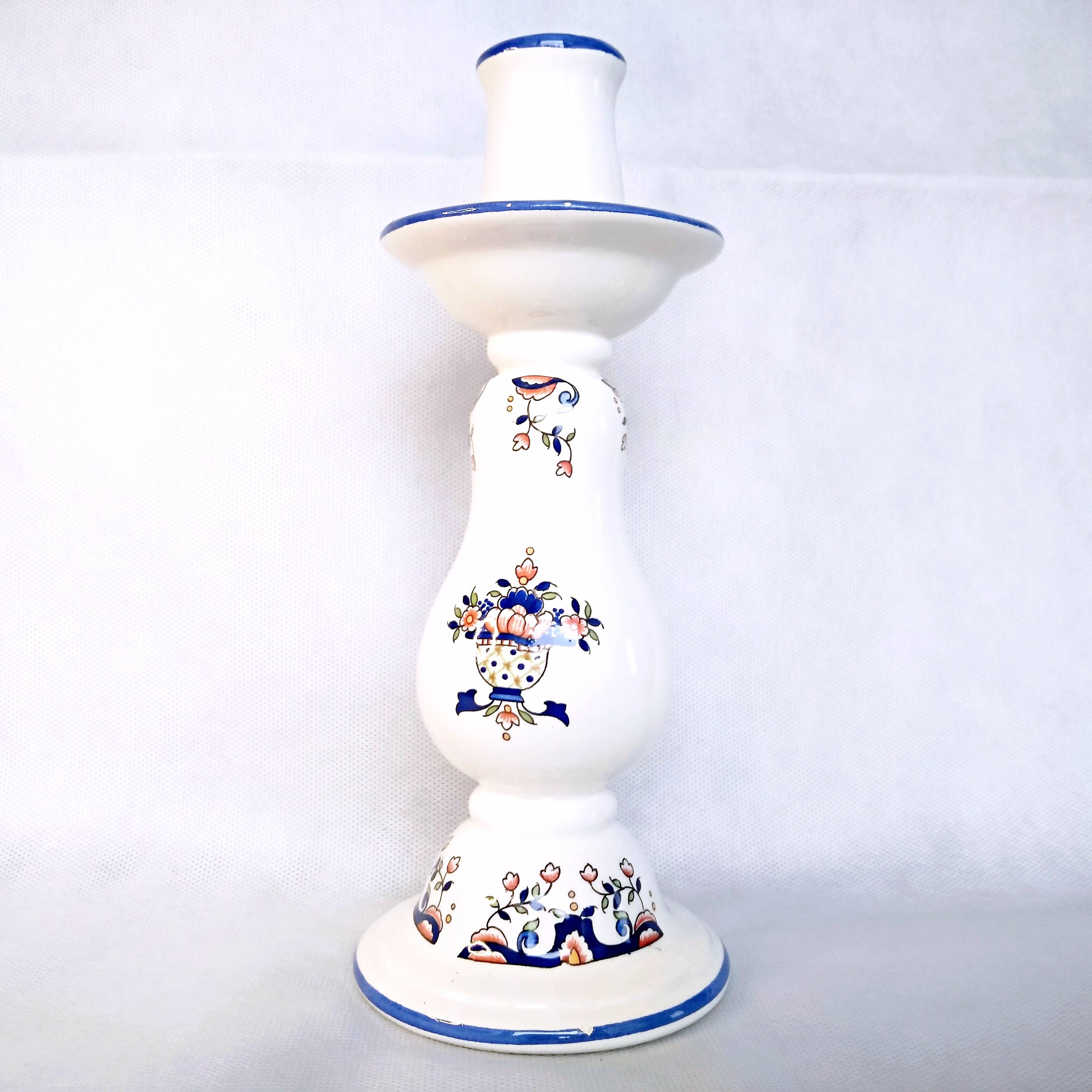 Old Rouen style earthenware candle holder decorated with flower basket 25 cm