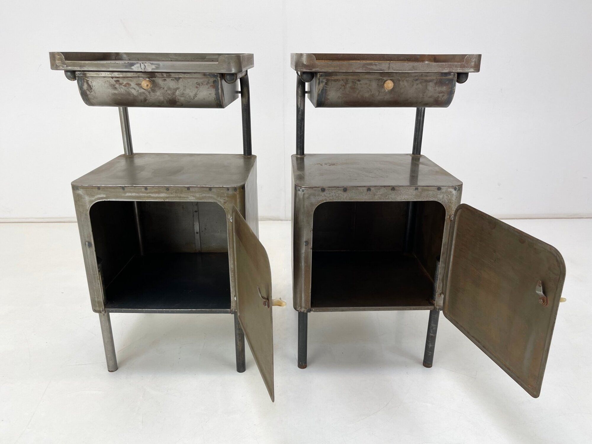 Vintage Industrial Brushed Steel Nightstands, 1920's