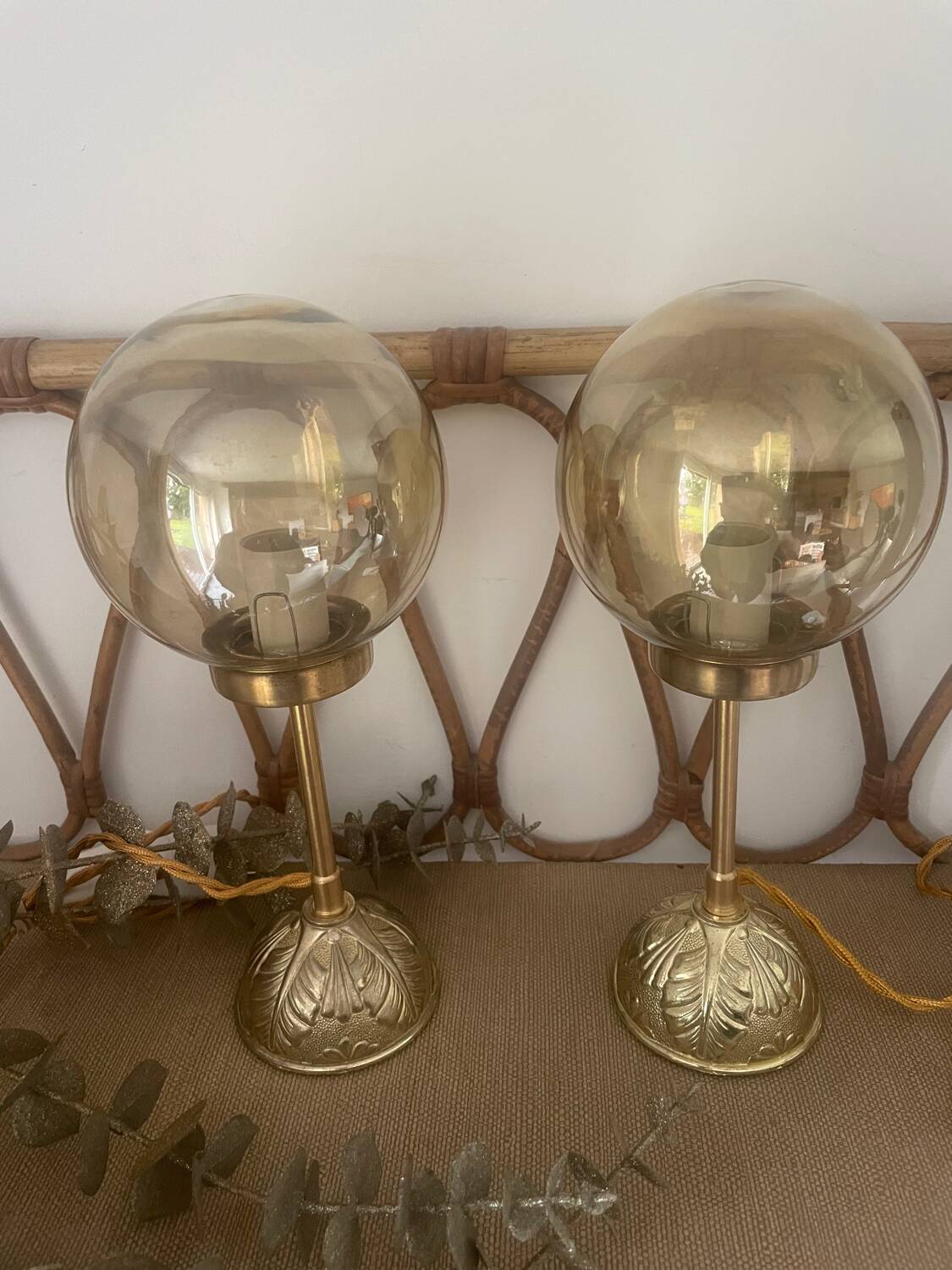 2 round globe amber glass bedside table lamps
