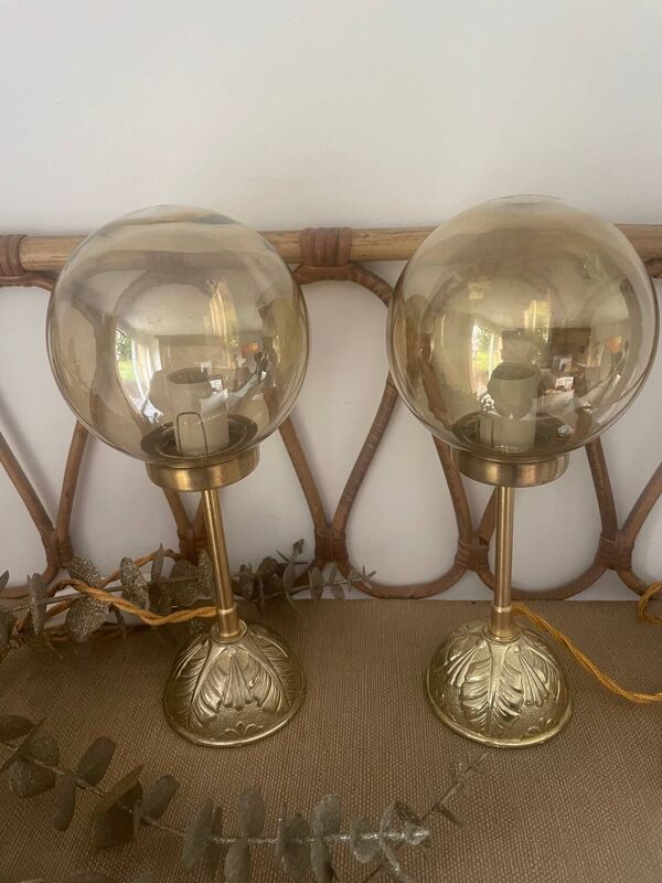 2 lampes à poser lampes de chevet globe rond verre ambré