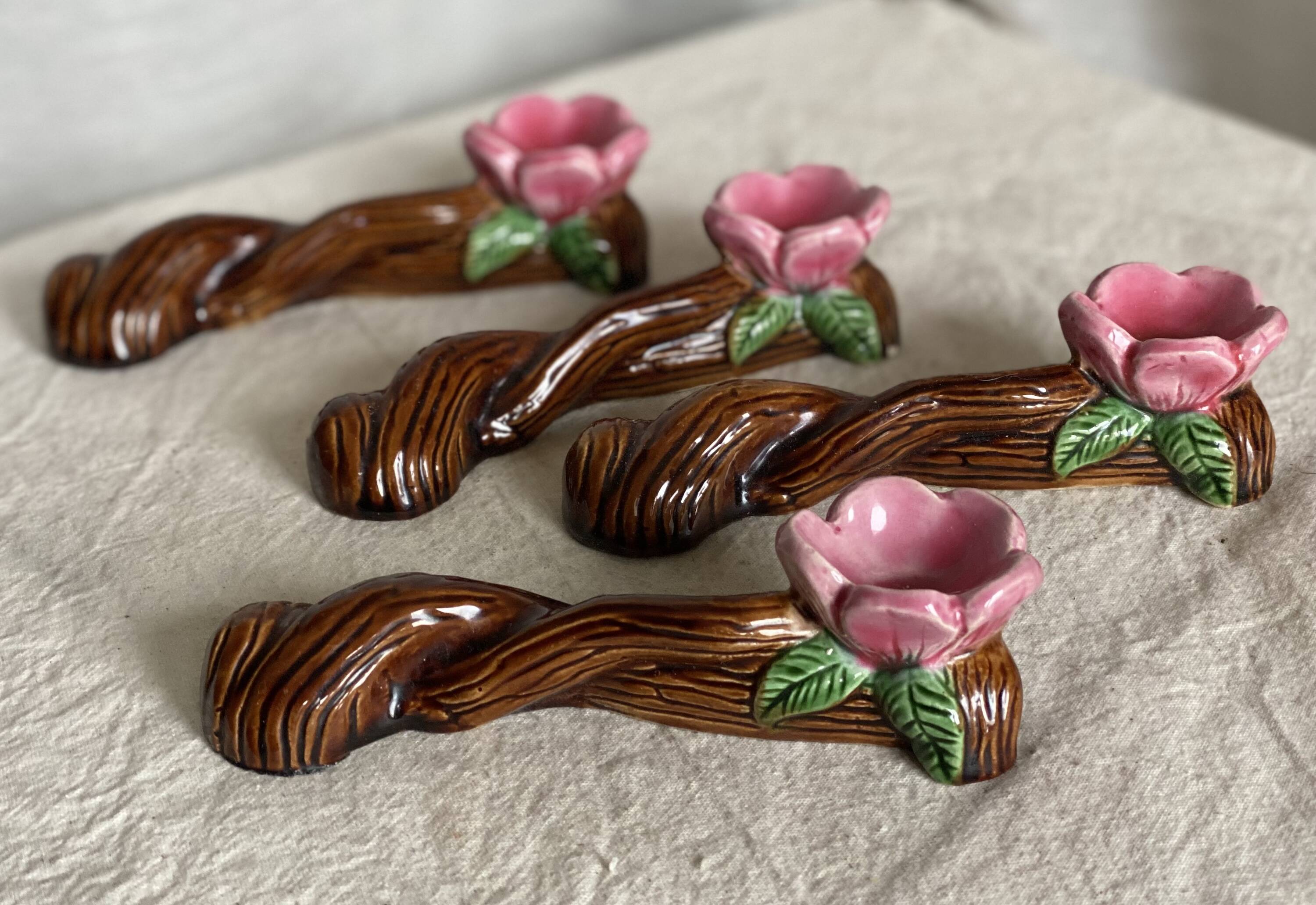 Set of 4 vintage 1960s barbotine table decoration candlesticks