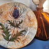 Aegitna Vallauris Hand Painted Enameled Ceramic Cups and Plates/Saucers with Thistle Motifs