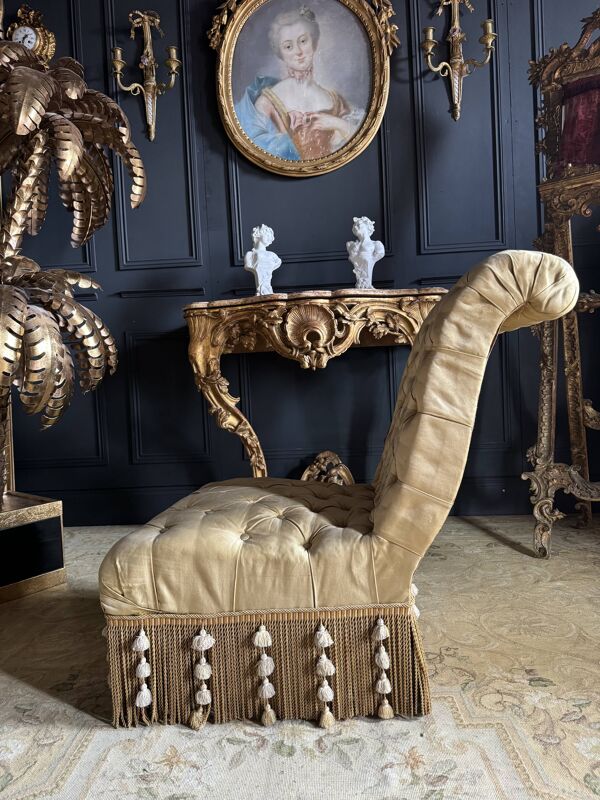 Chauffeuse d’époque napoléon iii en tissu capitonné jaune -xixe