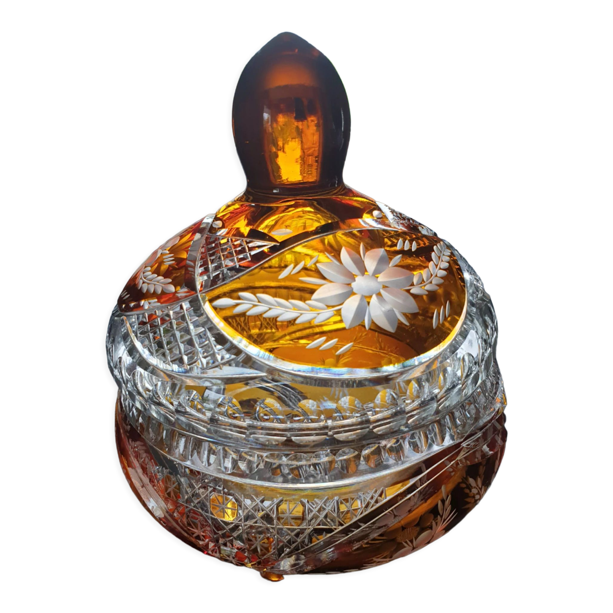 Old bohemian crystal candy, amber overlay