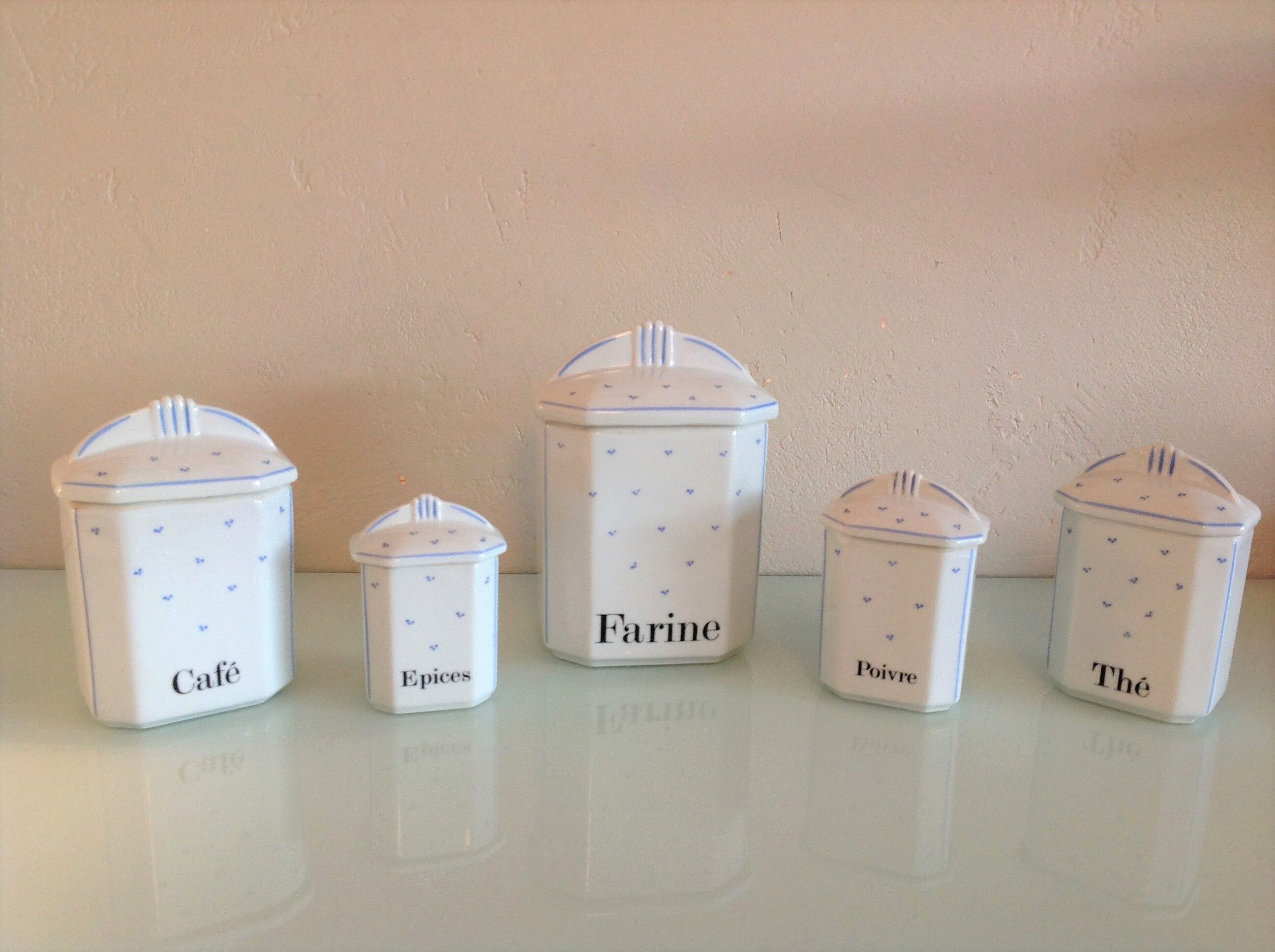 Suite of five Apilco porcelain spice jars / vintage 70s