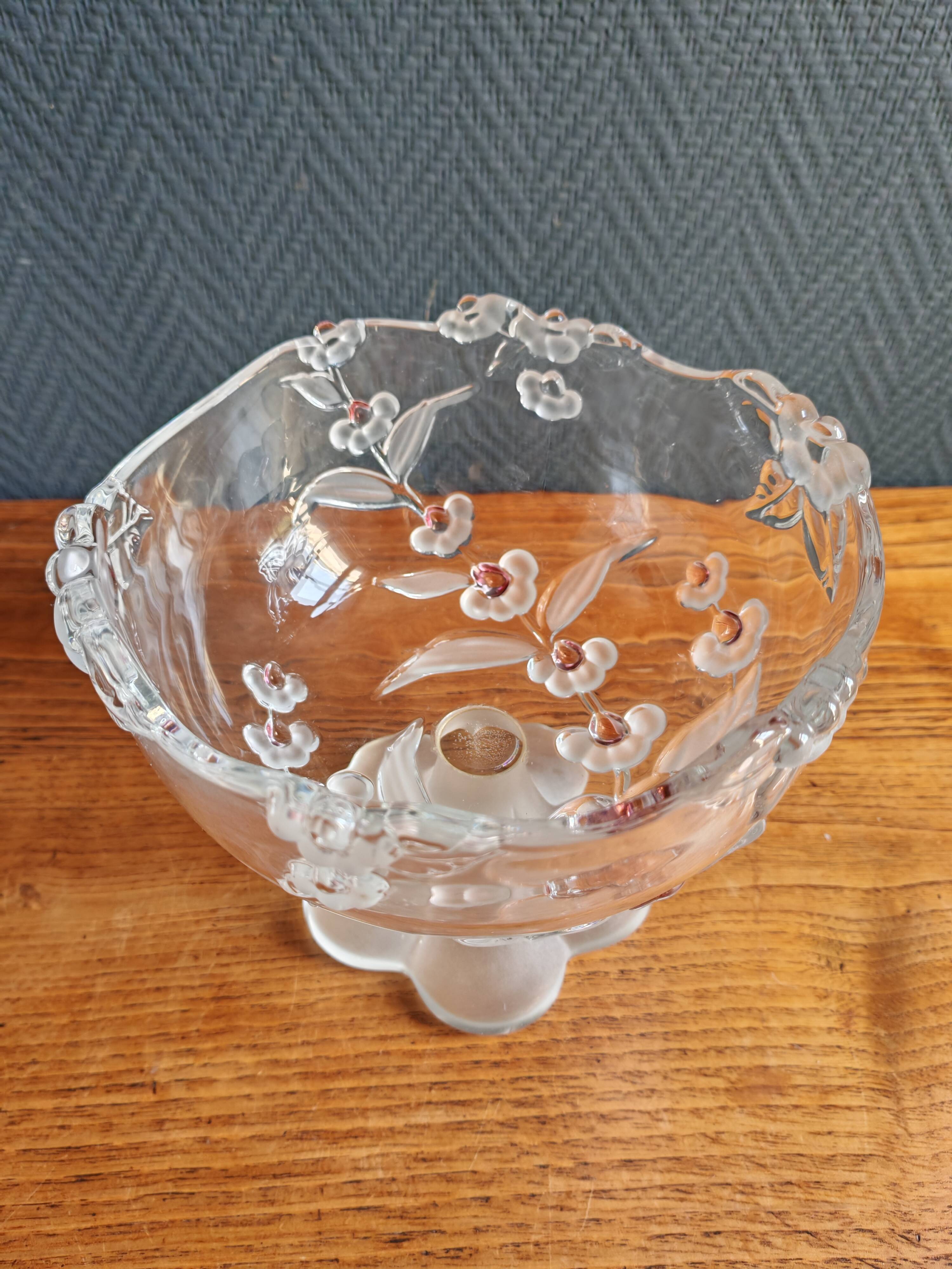 Vintage Frosted Glass Footed Bowl – Relief Decor of Pink Flowers