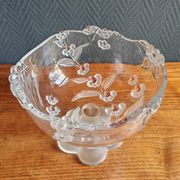 Vintage Frosted Glass Footed Bowl – Relief Decor of Pink Flowers