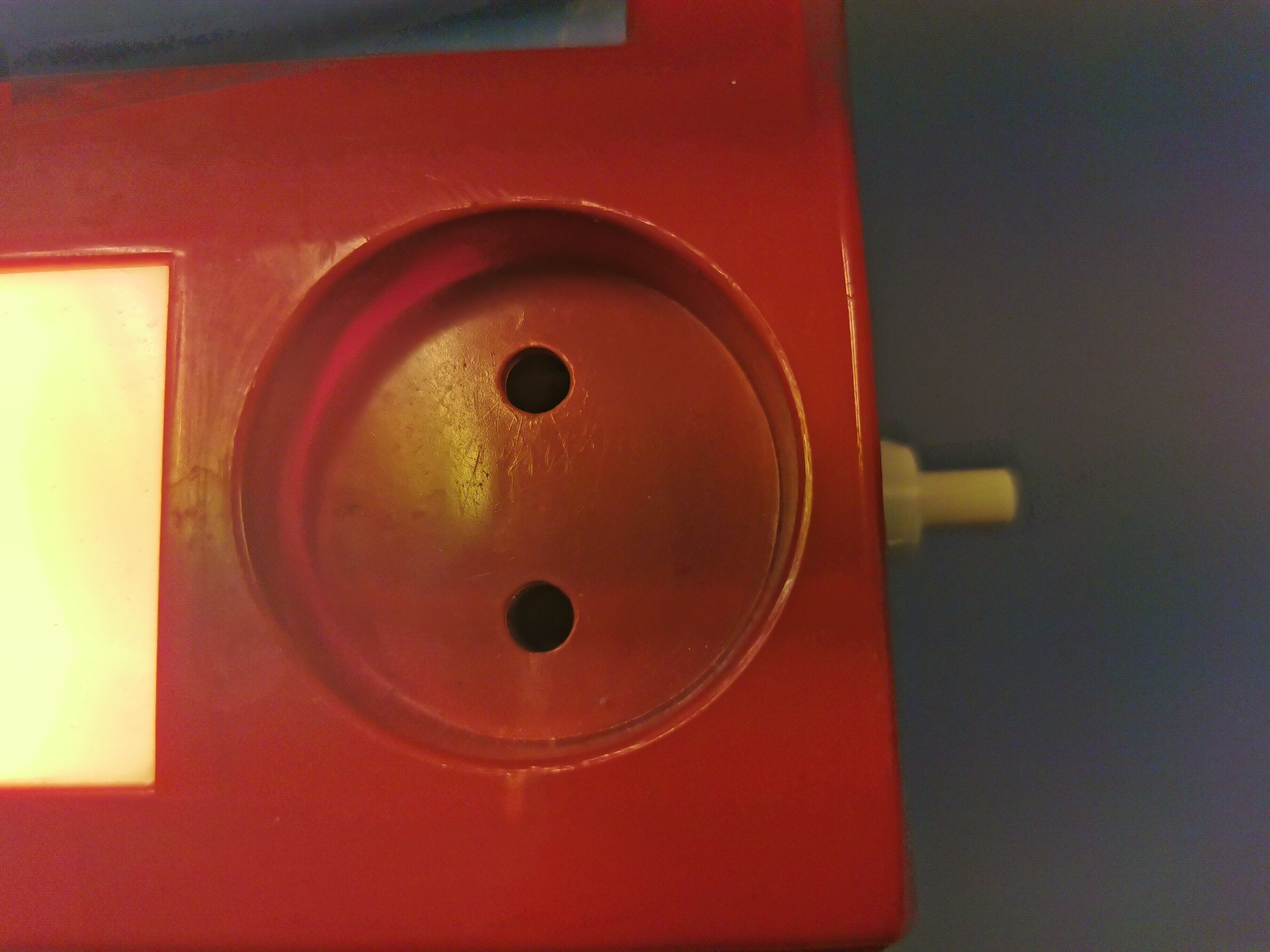 Red danish make up mirror with light and power plug from the 1970